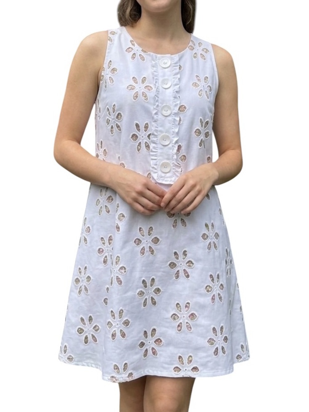 Glam Vintage Soul White Floral Eyelet Embroidered Lined Boho Mini Dress - Med